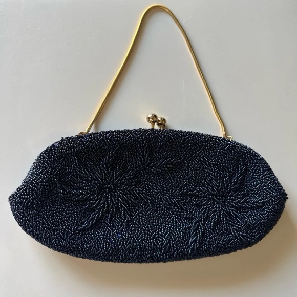 Vintage Blue beaded Floral design Gold chain Clutch Purse - Picture 12 of 12